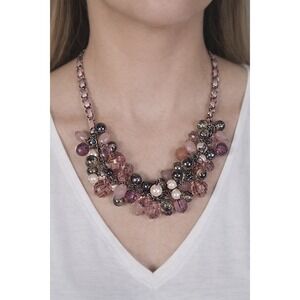 Vintage Pink Beaded Cluster Necklace with Ribbon Chain Detail